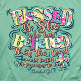 Cherished Girl Womens T-Shirt Blessed Is She Who Has Believed