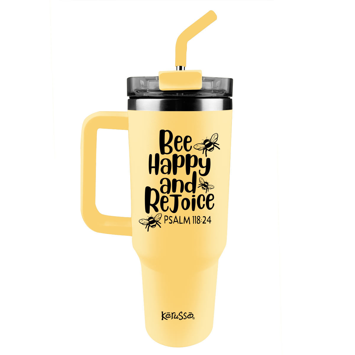 Kerusso 40 oz Stainless Steel Mug With Straw Bee Happy And Rejoice