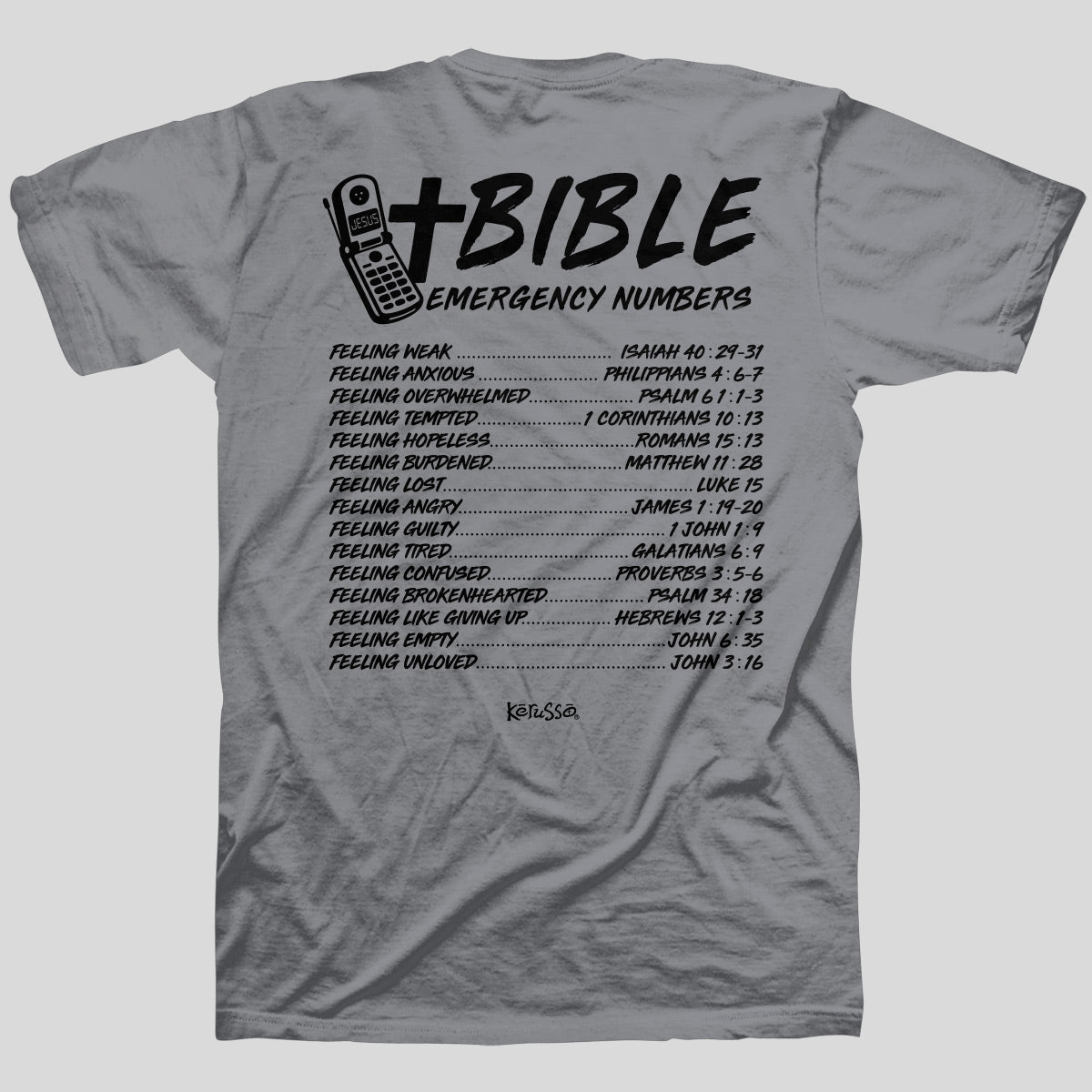 Kerusso Christian T-Shirt Bible Emergency Numbers Main image