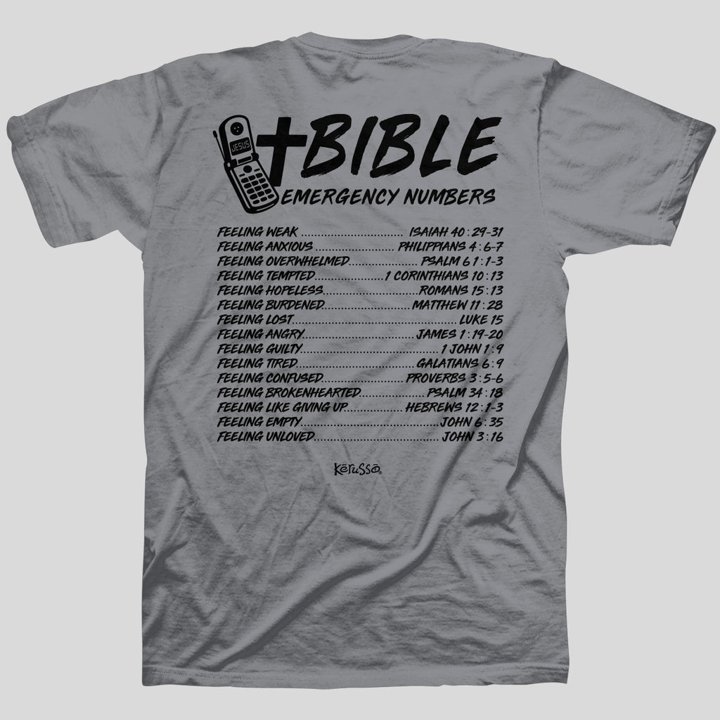 Kerusso Christian T-Shirt Bible Emergency Numbers