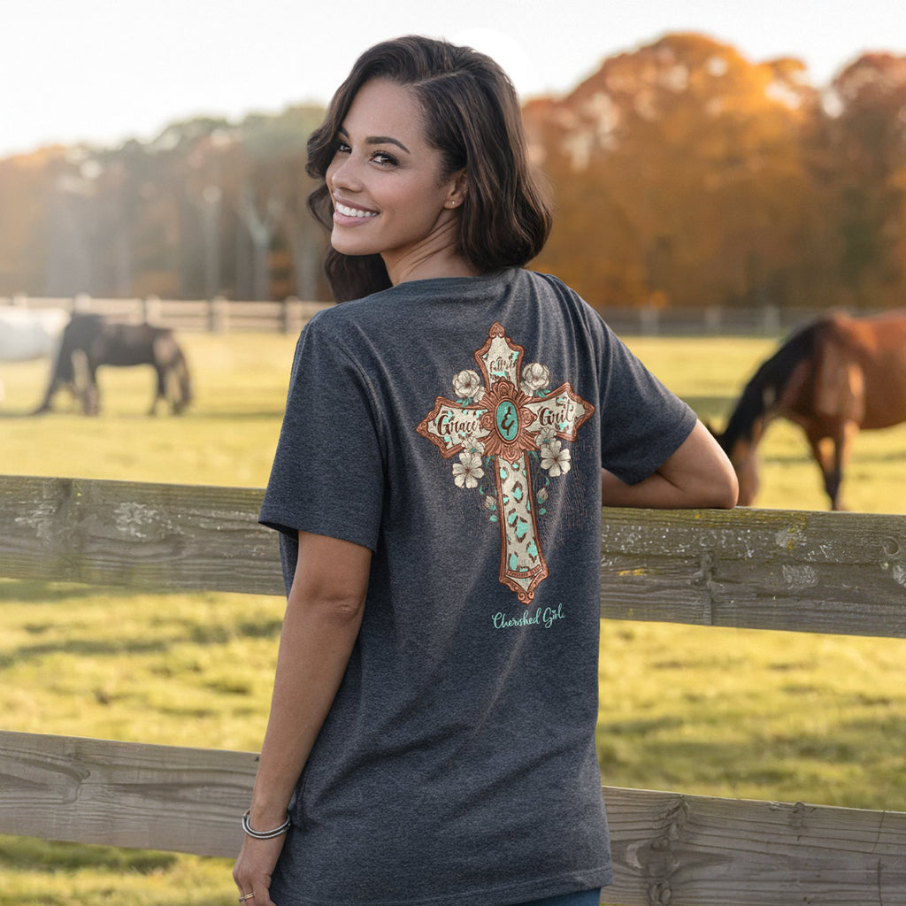 Cherished Girl Womens T-Shirt Turquoise Cross