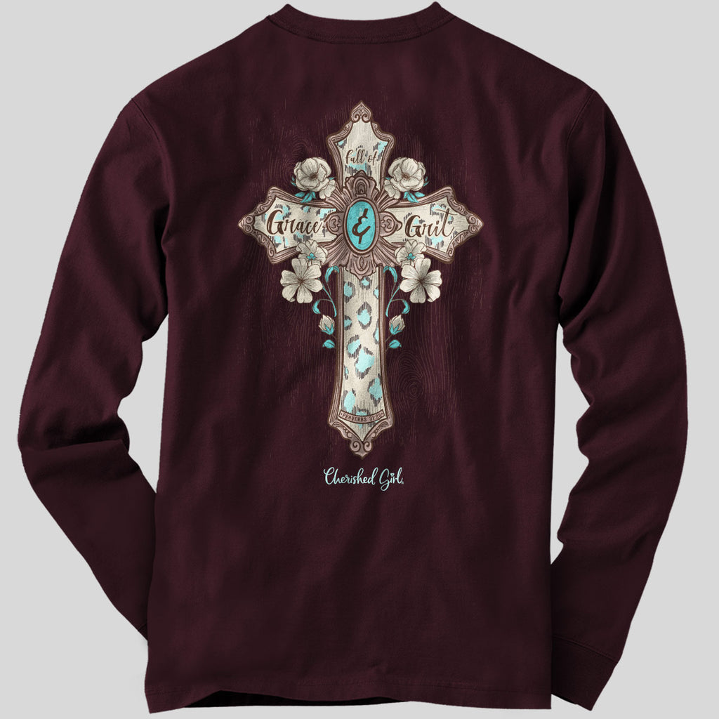 Cherished Girl Womens Long Sleeve T-Shirt Turquoise Cross