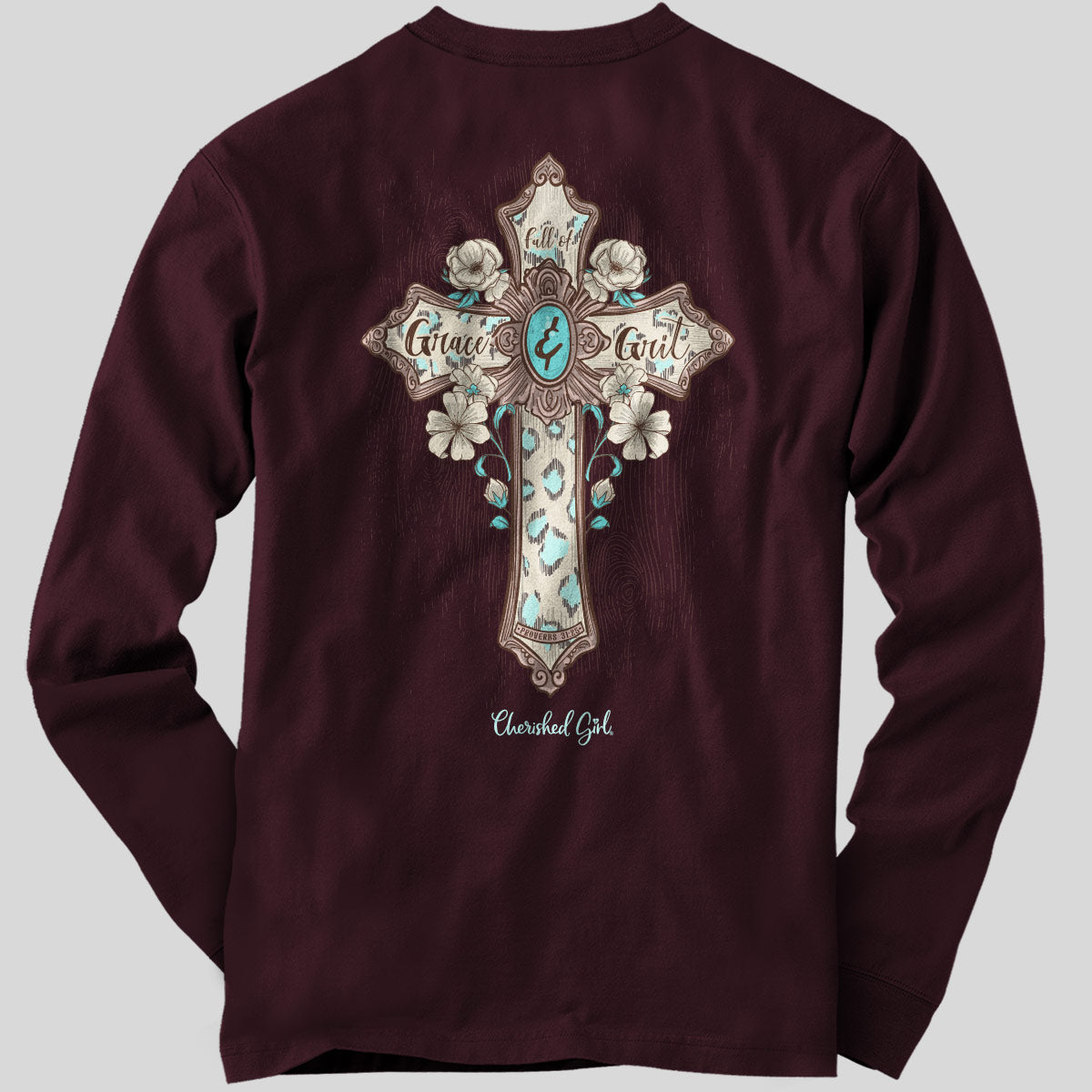 Cherished Girl Womens Long Sleeve T-Shirt Turquoise Cross