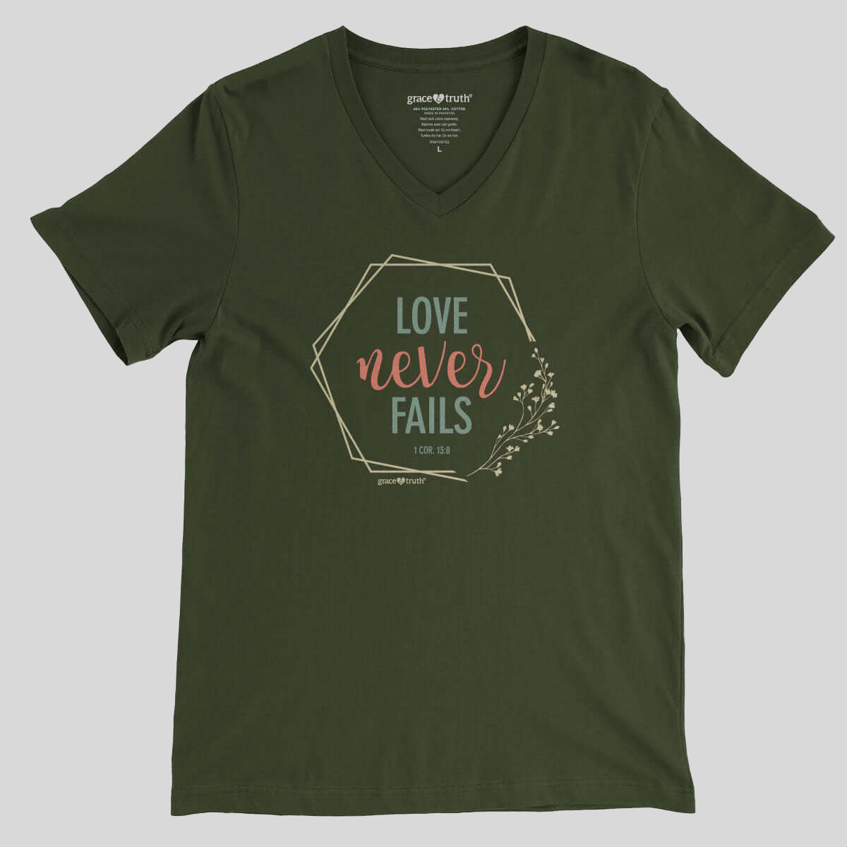 grace & truth Womens V-Neck T-Shirt Love Never Fails Main image