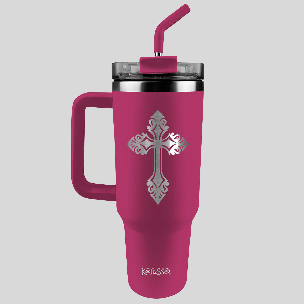 Kerusso 40 oz Stainless Steel Mug With Straw Filigree Cross Main image