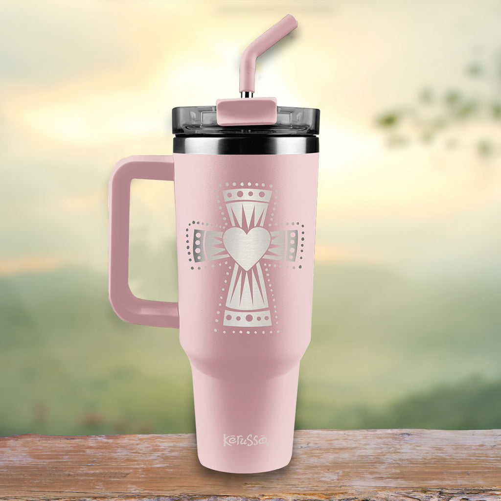 Kerusso 40 oz Stainless Steel Mug With Straw Heart Cross