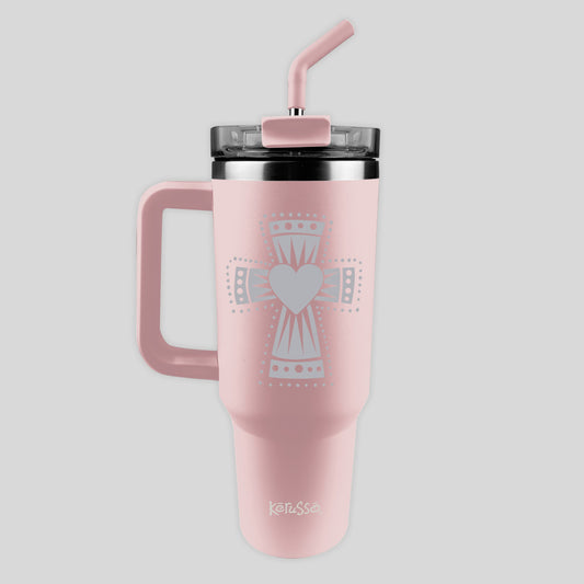 Kerusso 40 oz Stainless Steel Mug With Straw Heart Cross