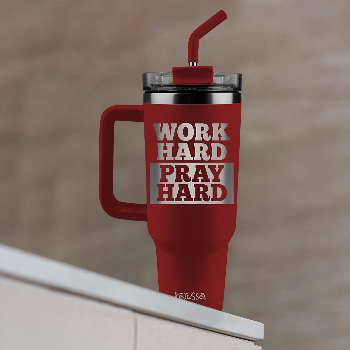 Kerusso 40 oz Stainless Steel Mug With Straw Work Hard Pray Hard
