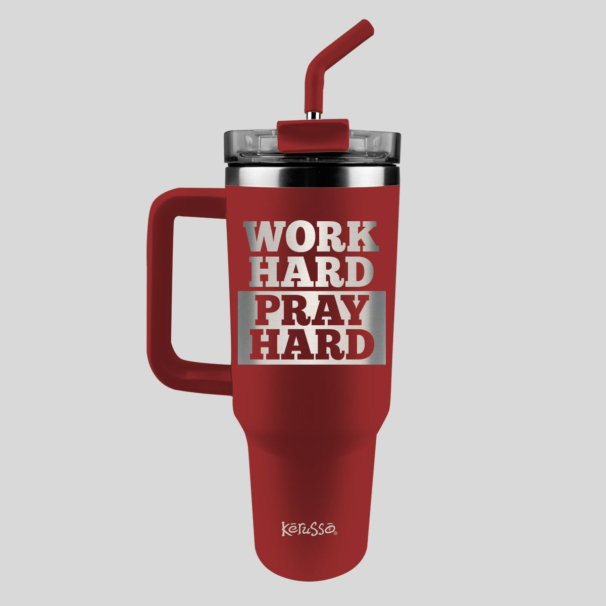Kerusso 40 oz Stainless Steel Mug With Straw Work Hard Pray Hard