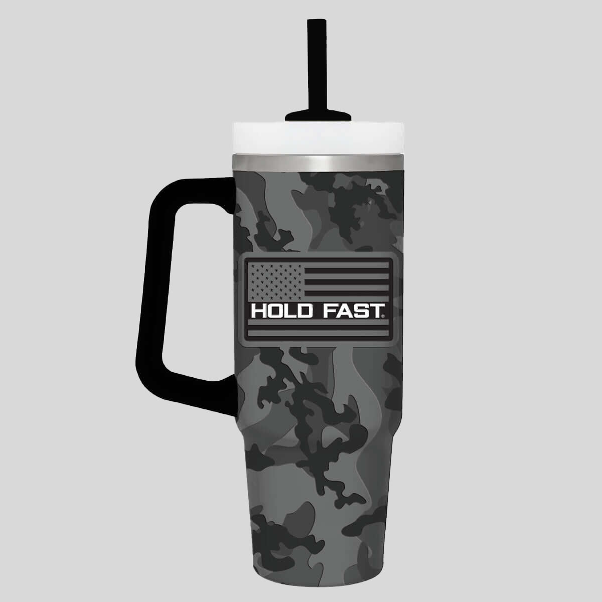 HOLD FAST 30 oz Stainless Steel Mug With Straw HF Black & Grey Camo Main image