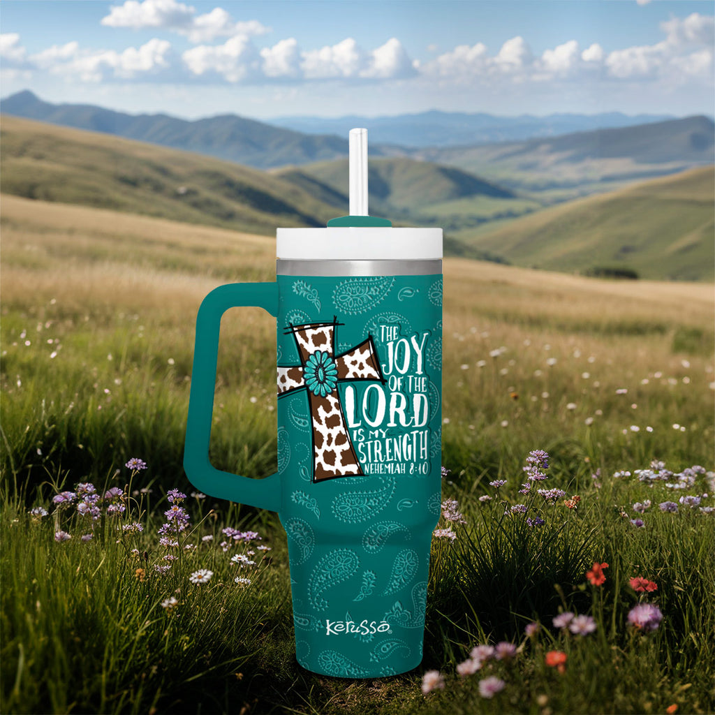 Kerusso 30 oz Stainless Steel Mug With Straw Cowhide Cross