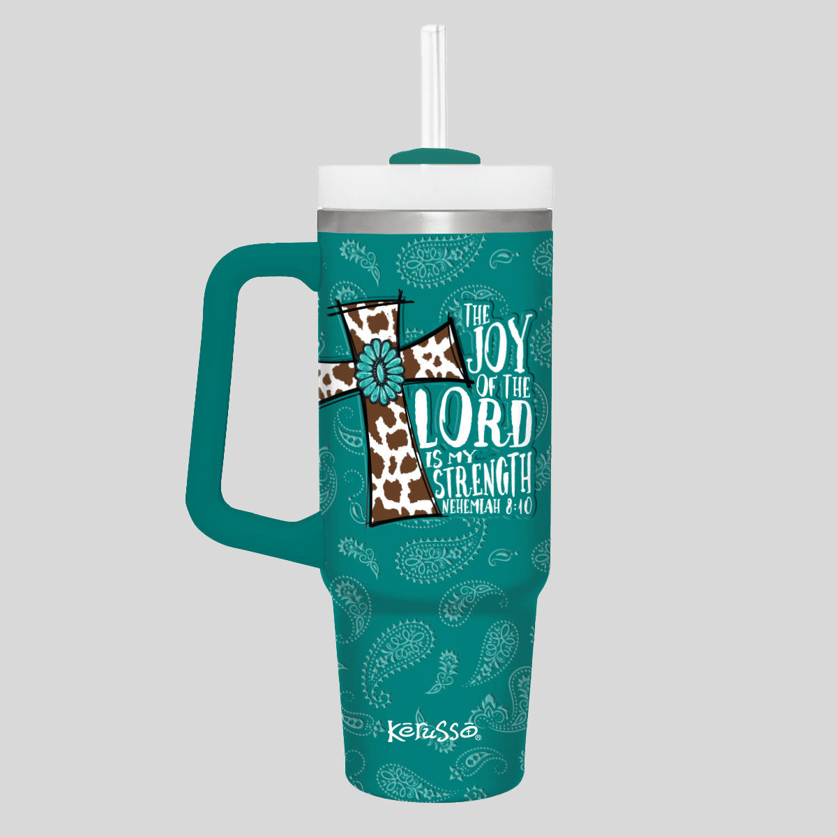 Kerusso 30 oz Stainless Steel Mug With Straw Cowhide Cross Main image