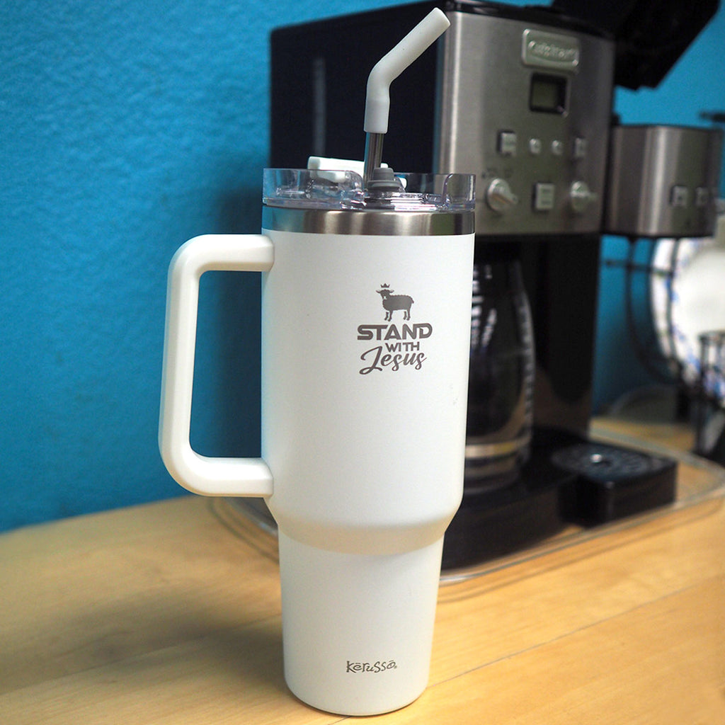 Kerusso 40 oz Stainless Steel Mug With Straw Stand With Jesus