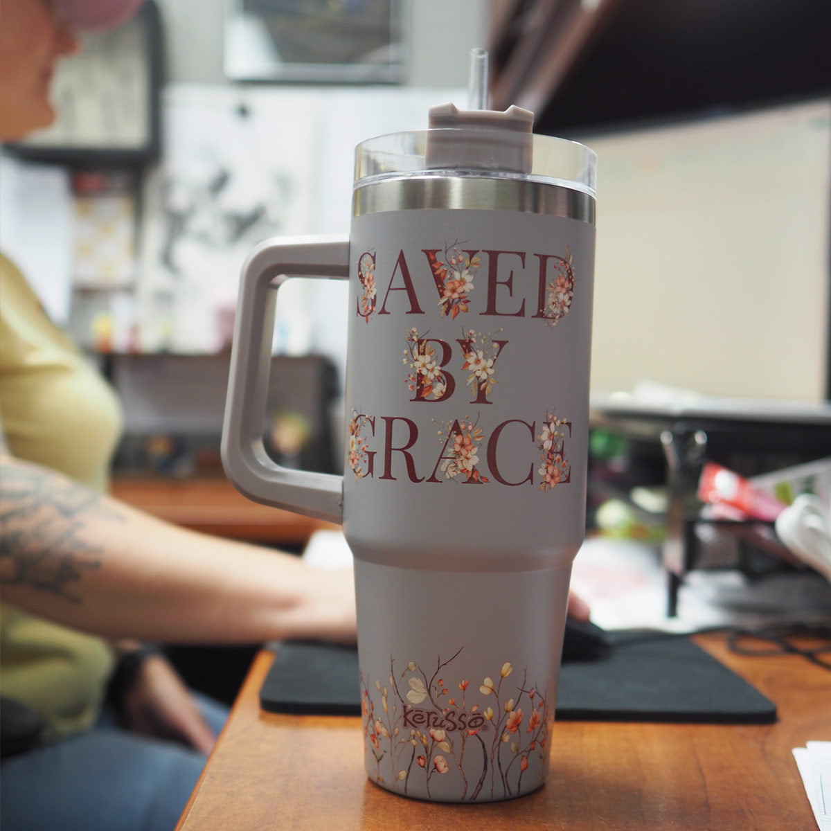 Kerusso 30 oz Stainless Steel Mug With Straw Saved By Grace