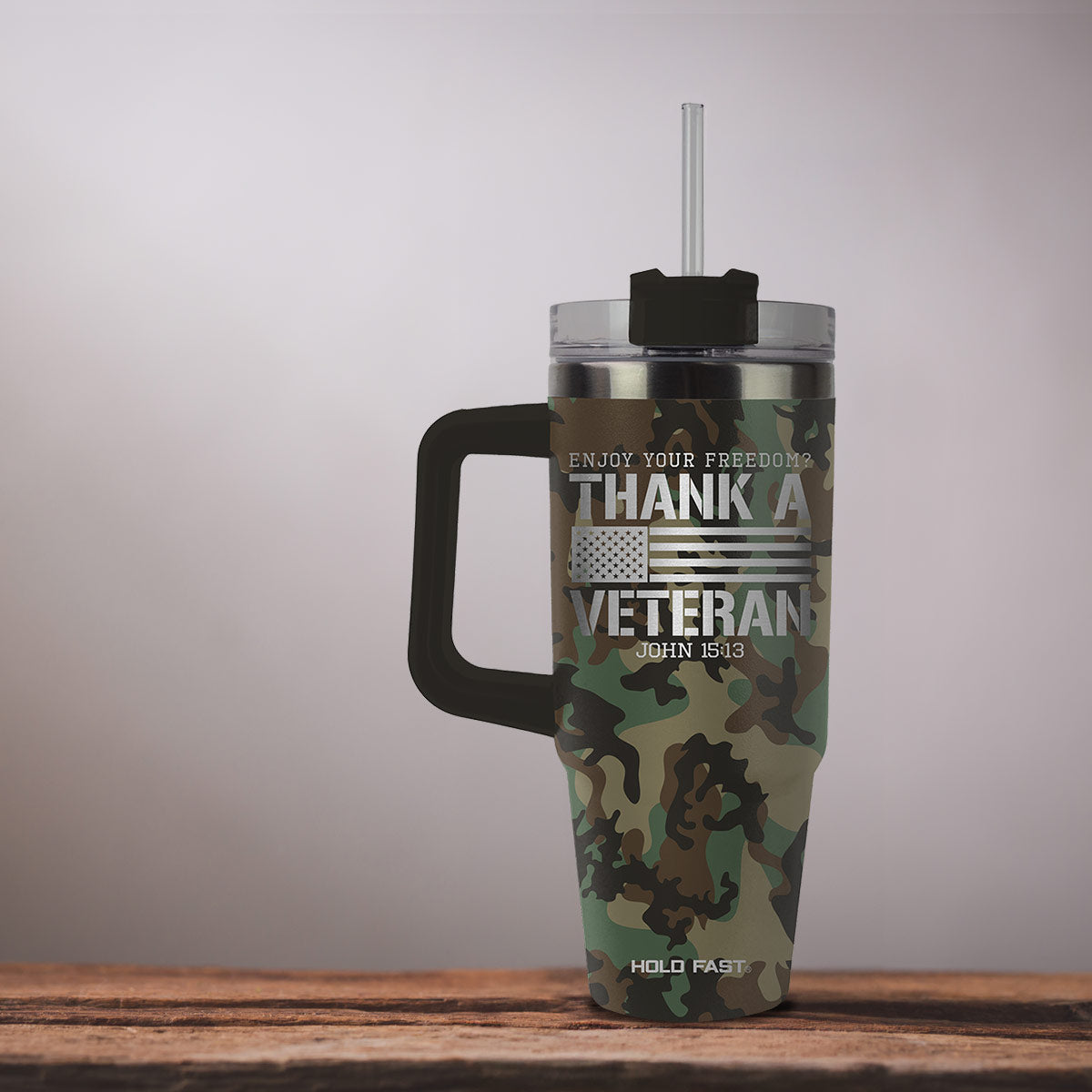 HOLD FAST 30 oz Stainless Steel Mug With Straw Thank A Veteran