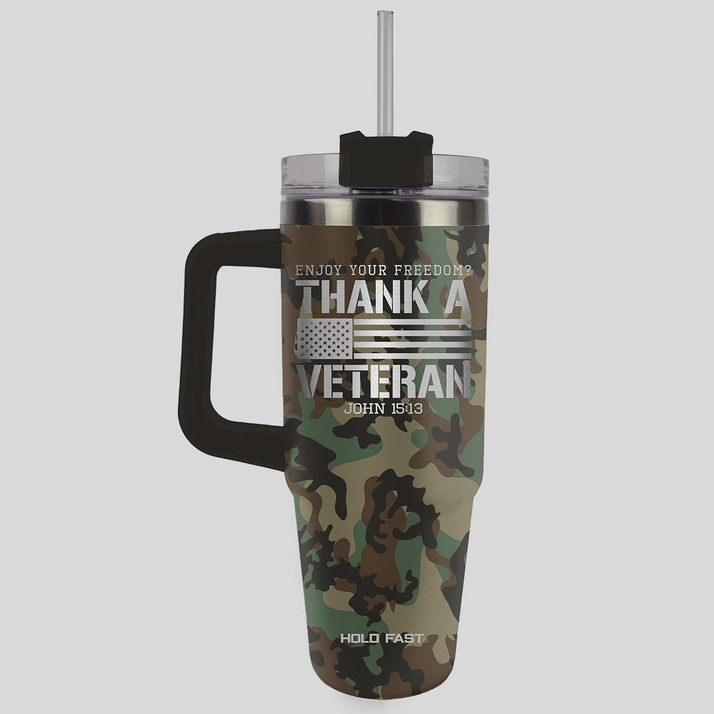 HOLD FAST 30 oz Stainless Steel Mug With Straw Thank A Veteran