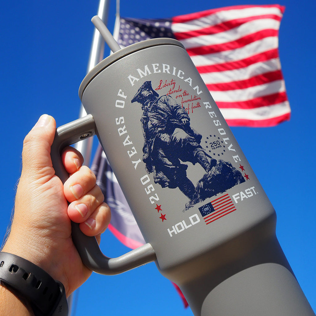HOLD FAST 40 oz Stainless Steel Mug With Straw Colonial Soldier