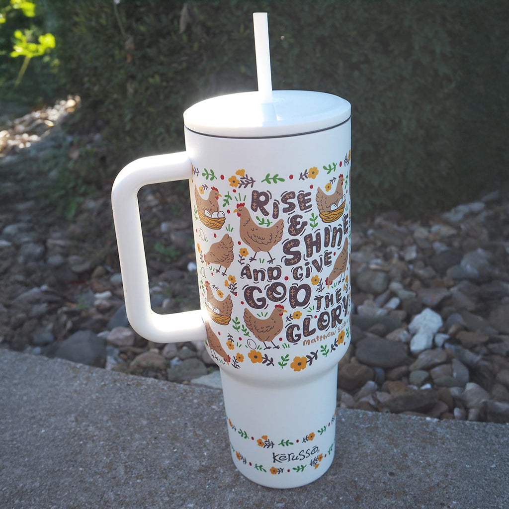 Kerusso 40 oz Stainless Steel Mug With Straw Rise And Shine