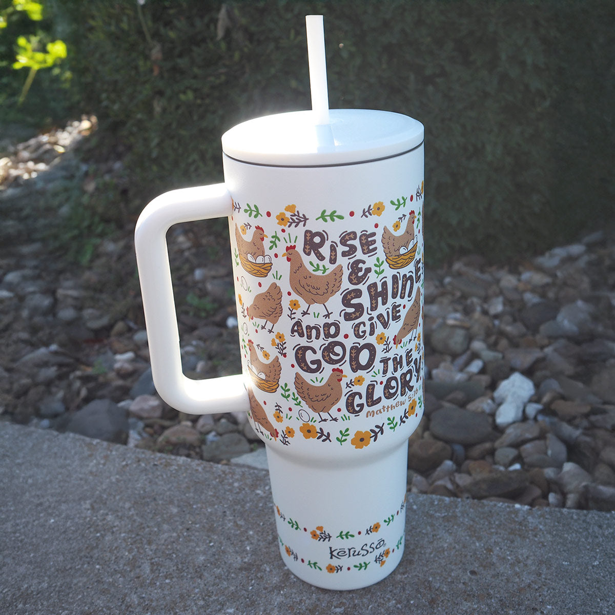 Kerusso 40 oz Stainless Steel Mug With Straw Rise And Shine