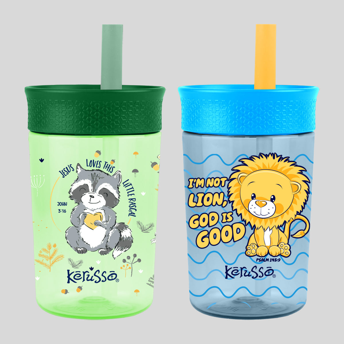 Kerusso 15 oz Silicone Straw Cup Raccoon & Lion (2 Pack)