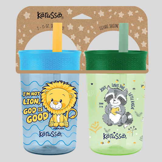 Kerusso 15 oz Silicone Straw Cup Raccoon & Lion (2 Pack)