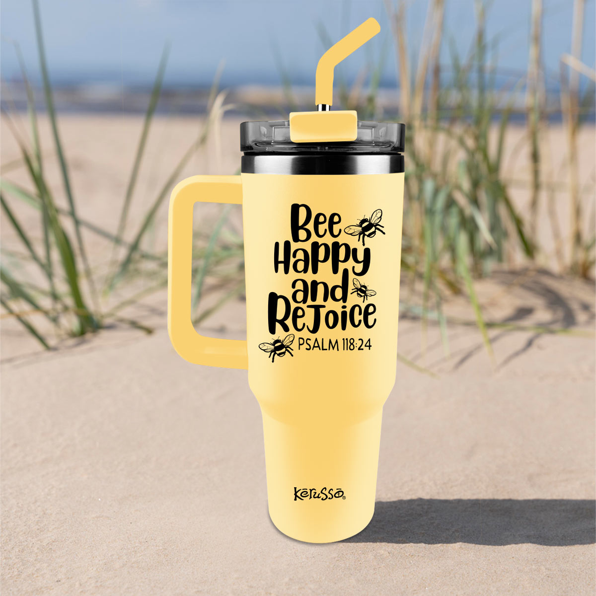 Kerusso 40 oz Stainless Steel Mug With Straw Bee Happy And Rejoice