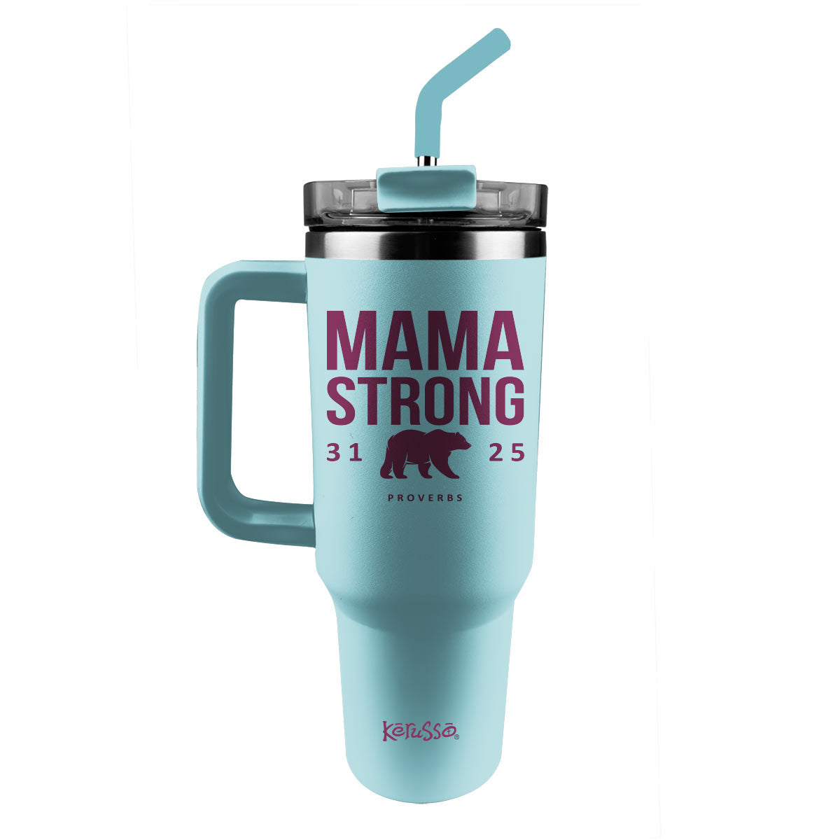 Kerusso 40 oz Stainless Steel Mug With Straw Mama Strong Bear